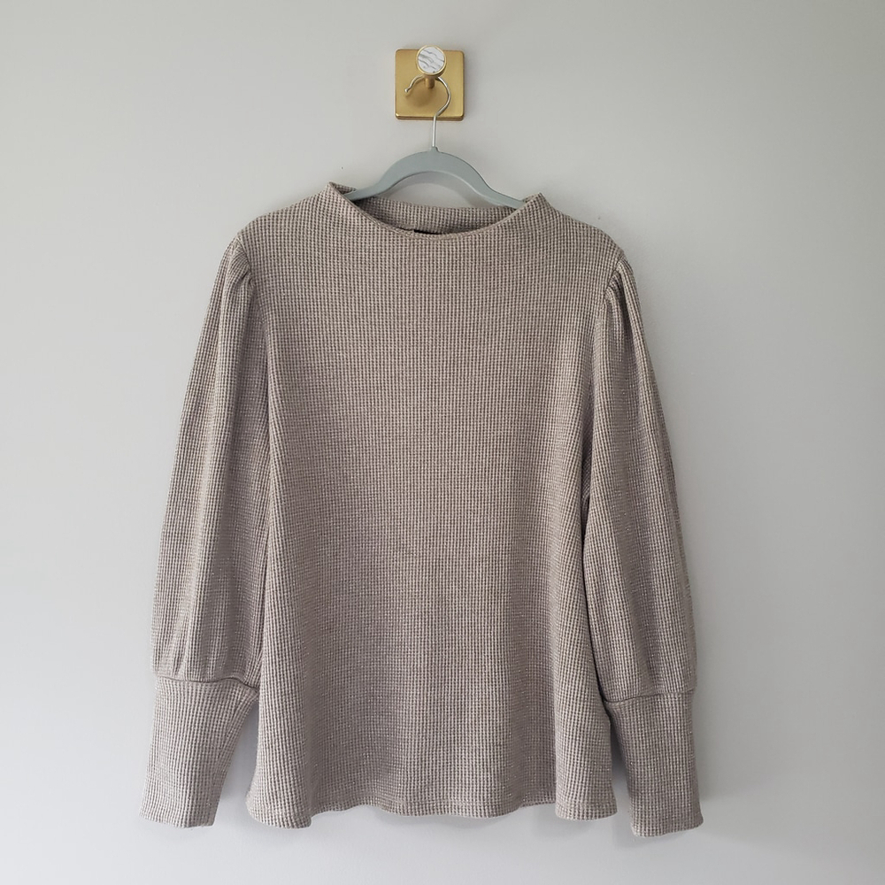 Soft Surroundings Women Top XL Tan Metallic Puff Sleeves Holiday Christmas